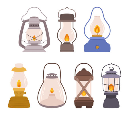 Camp Lamps Set. Fuel Lanterns Traditional Illumination Device, Radiates A Warm, Flickering Light Through A Wickのイラスト素材