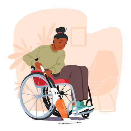 Woman In Wheelchair Efficiently Vacuums The Floor. Character Showcasing Her Independence And Resilienceのイラスト素材
