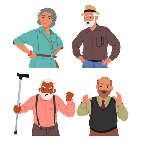 Senior People With Frowning Faces, Furrowed Brows, And Sharp Glares. Tension In Their Expressions Reveals Frustrationのイラスト素材