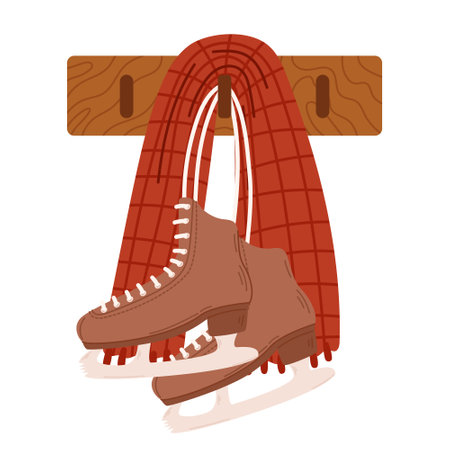 Male Ice Skates Hanging On Laces With Scarf. Special Footwear With Reinforced Ankles And Sturdy Blades Provide Stabilityのイラスト素材