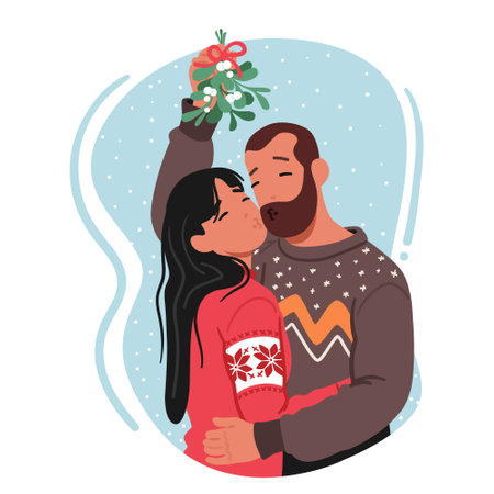 Male and Female Couple Characters Embrace, Sharing A Tender Kiss, Beneath The Mistletoe Allure, Vector Illustrationのイラスト素材