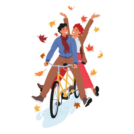 Couple Characters Rides A Bicycle In The Crisp Autumn Breeze, Adorned With Falling Leaves, Laughter Echoingのイラスト素材