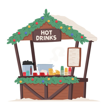 Cozy Christmas Fair Stall Adorned With Twinkling Lights, Offering Steaming Hot Cocoa, Mulled Wine, And Spiced Ciderのイラスト素材