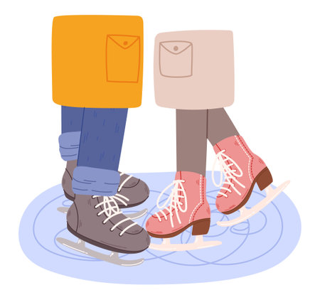 Couple Glides Gracefully On Ice Skates, Their Legs Standing on On Frozen Surface, Surrounded By A Winter Wonderlandのイラスト素材