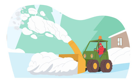 Character Driving Snowplow Machine. Snowblower Roars To Life, Sending Plumes Of White Snow Into The Airのイラスト素材