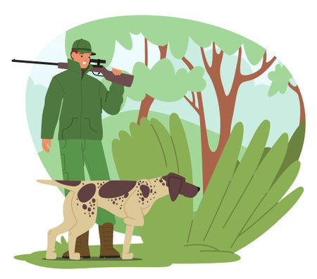 Skilled Hunter Strides Through The Wilderness, Accompanied By A Loyal Dog. Their Connection Is Evidentのイラスト素材