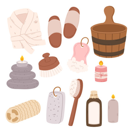 Spa Sauna Collection. Wooden Bucket, Ladle, Aromatic Oil, Robe And Slippers. Pumice, Luffa, Candle And Massage Stonesのイラスト素材