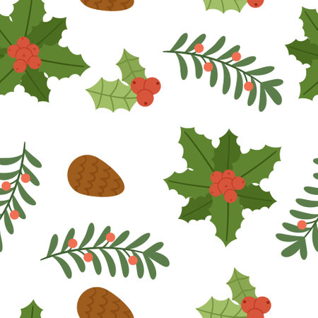 Festive Seamless Pattern Adorned With Christmas Plants Holly, Mistletoe, And Pine Cones, Creating A Timeless Designのイラスト素材