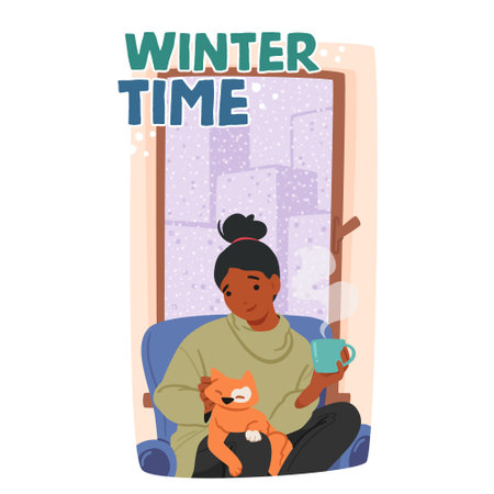 Winter Time Banner With Young Woman Cozily Nestled In Home, Wrapped In Sweater, Sipping Coffee Beside A Purring Catのイラスト素材