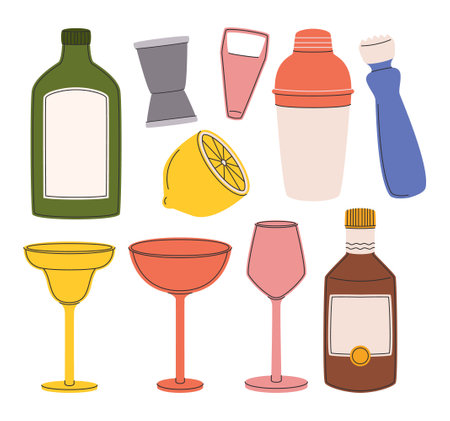 Precision Instruments For Mixology Mastery, Bartender Equipment Includes Glasses, Shaker, Jigger, Muddler And Openerのイラスト素材