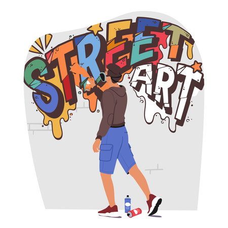 Graffiti Artist Boy Armed With Vibrant Spray Cans, Creates Masterpiece On A Blank Urban Wall Using Bold, Dynamic Strokesのイラスト素材