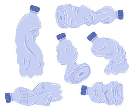 Crumpled Plastic Bottles In Various Shapes, Conveying Environmental Concern. Design Elements Symbolizing Wasteのイラスト素材