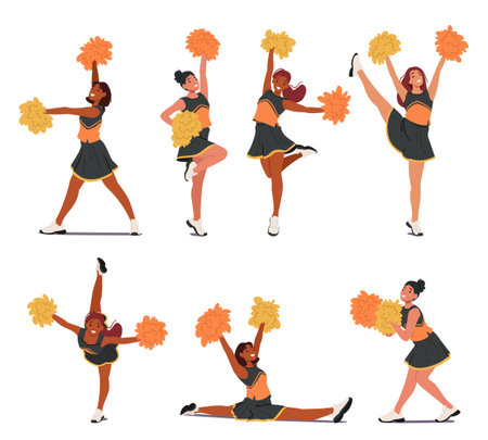 Vibrant Cheerleader Girls, Adorned In Spirited Uniforms, Dazzle With Energetic Routines. Pompoms Twirl In Syncのイラスト素材