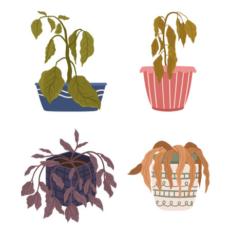 Neglected And Drooping, The Wilting Houseplants Sigh In Silent Plea For Water And Care. Once Vibrant, Now Witheringのイラスト素材