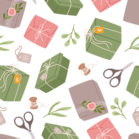 Festive Seamless Pattern Featuring Colorful Christmas Gifts, Wrapped In Craft Paper, Twines And Natural Decorのイラスト素材