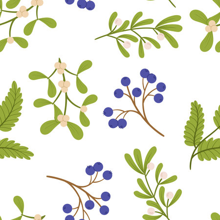 Seamless Pattern Adorned With Festive Christmas Plants, Mistletoe Branches and Evergreen Leaves,...