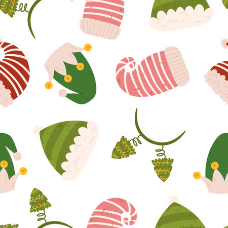 Cheerful Seamless Pattern with Christmas Hats, Spreading Festive Joy. Vibrant Colors And Playful Designs, Vector Tileのイラスト素材