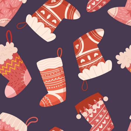 Festive Seamless Pattern Adorned With Charming Christmas Socks In Various Designs And Colors Creating Holiday Atmosphereのイラスト素材