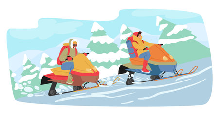 Adventurous Characters Embracing The Winter Wonderland, Zooming Through The Snowy Trails On Snowmobilesのイラスト素材