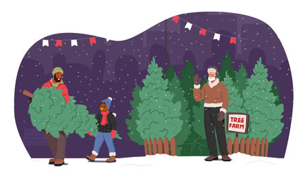 Dad and Son Family Characters Roam The Christmas Tree Farm, Under The Starry Night, Amid Rows Of Evergreensのイラスト素材