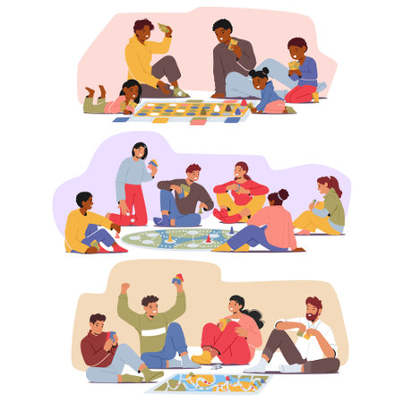 Friends Gathered On The Floor, Immersed In Board Games, Laughter Echoing As Colorful Game Pieces Move, Vector Setのイラスト素材