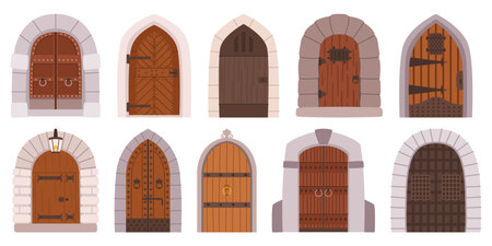 Cartoon Medieval Gates And Doors. Wooden And Stone Fairytale Arched Entries. Palace Or Castle Exterior Design Elementsのイラスト素材