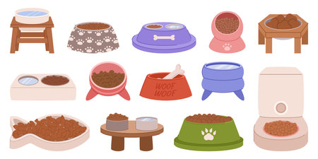 Set Of Pet Food Bowls, Featuring Various Sizes And Colors. Durable Plates Are Adorned With Playful Paw Printsのイラスト素材