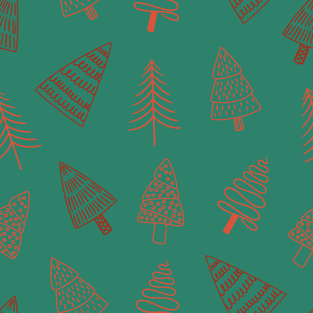 Festive Seamless Pattern Adorned With Charming Doodle Christmas Trees On Green Background. Wrapping...