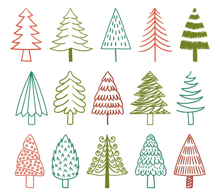 Whimsical Doodle Christmas Trees Set. Spruce Up Your Holiday With Charming Hand-drawn Trees. Delightful, Festive Designのイラスト素材