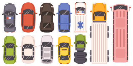 Top View Of Parked Cars Arranged Symmetrically. Colorful Sedans, Van, Truck And Bus Isolated On White Backgroundのイラスト素材