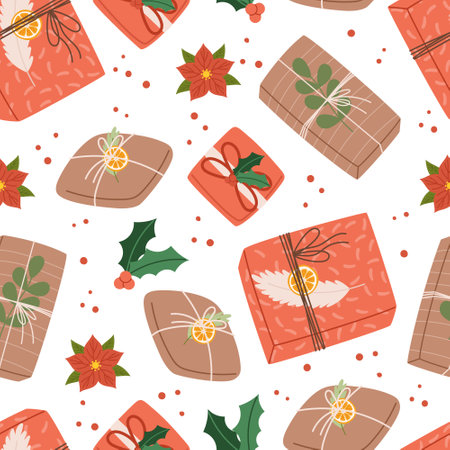 Festive Seamless Pattern Adorned With Colorful Christmas Gifts, Capturing The Holiday Spirit Cartoon Vector Illustrationのイラスト素材