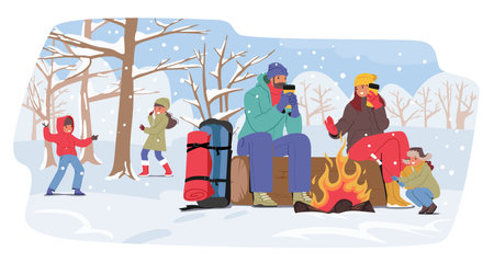 Family In A Winter Camp, Parents Huddle Around A Crackling Fire, Children Playing At Frosty Air. Snow-laden Treesのイラスト素材