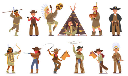 Children Characters Dressed In Cowboy And Native American Costumes Create A Lively Scene, Vector Illustration, Setのイラスト素材