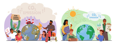 Climate Change And Global Warming Concept. Characters Care Of Plants On Earth And Protesting Against...