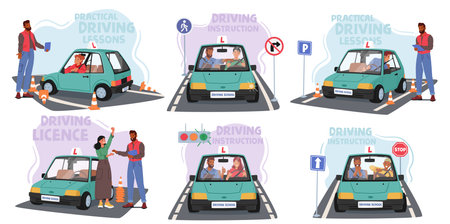 Students Engage In Driving Practice At School, Mastering Essential Skills Like Parking And Maneuvering, Vector Setのイラスト素材