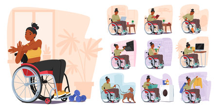 Disabled Woman In Wheelchair Tackles Household Chores. Female Character Shopping, Walking With Dog, Readingのイラスト素材
