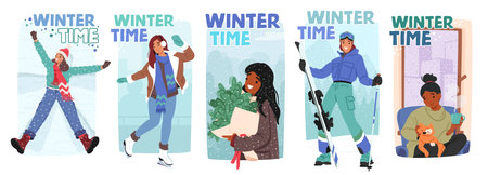 Winter Time Banners With Female Characters. Young Girls In Warm Attire, Twirl Through The Snow, Skating, Making Angelのイラスト素材