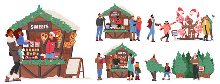 Families Gather At A Festive Christmas Fair, Exploring Charming Stalls Adorned With Twinkling Lights, Selling Craftsのイラスト素材