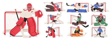 Fierce Hockey Goalkeepers Guard The Net With Determination, Clad In Vibrant Gear, A Mask Hiding Intensity, Vectorのイラスト素材