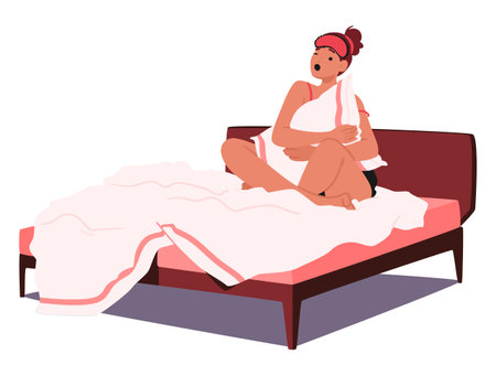 Exhausted And Drained Woman Character Sitting In Bed, Shadows Of Weariness Etched On Her Face, Vector Illustrationのイラスト素材