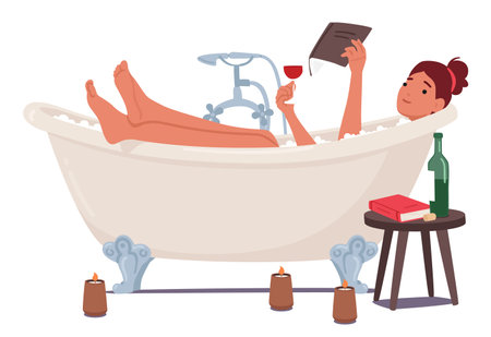 Woman Luxuriates In A Warm Bath, Surrounded By Fragrant Bubbles, Enjoying A Captivating Book In Handのイラスト素材