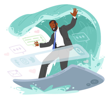 Adult Man Skillfully Rides Digital Wave Atop A Smartphone, Character Surfing The Virtual Currents, Using Technologyのイラスト素材