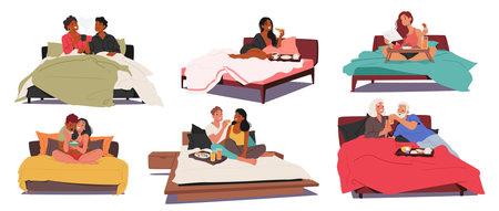 Vector Set of Indulgent Morning Moments. Couples Savoring Breakfast In Bed, Sharing Laughter, Whispers, And Warmthのイラスト素材