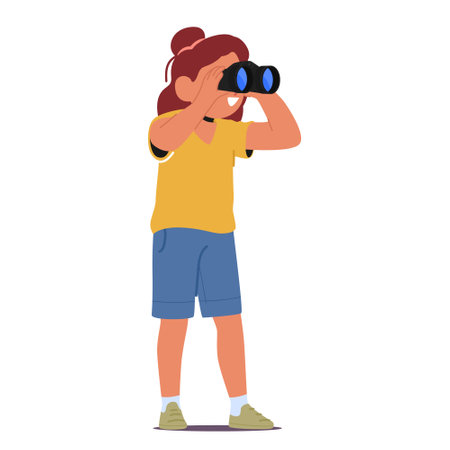 Little Girl Peering Through Binoculars, Discovering A World Magnified. Imagination Soaring, Cartoon Child Explorerのイラスト素材
