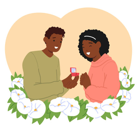 Black Man Tenderly Offers A Radiant Engagement Ring With Trembling Hands To Happy Woman Inside Of Blooming Floral Frameのイラスト素材