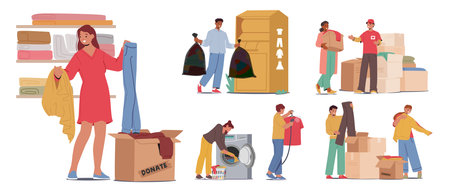 Set of Characters Prepare and Bringing Clothes for Recycling and Donation. Compassionate Volunteers Donating Garmentsのイラスト素材