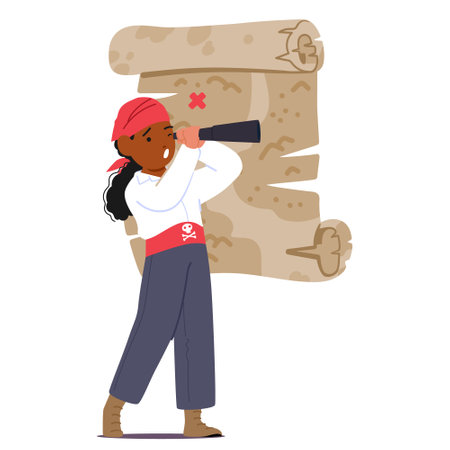 Kid Pirate Character, Eyes Wide With Wonder, Clutches A Spyglass, Scanning The Horizon For Hidden Treasuresのイラスト素材