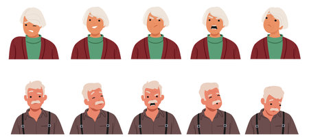 Old Man And Woman Face Expressions And Emotions. Male Or Female Grandparent Characters with Evil Smileのイラスト素材