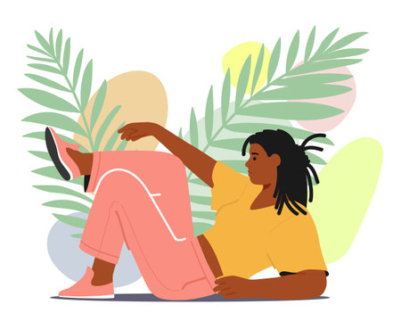 Stylish Black Woman Gracefully Lies, Crossing Her Legs, Adorned In Chic Attire. Attractive African American Femaleのイラスト素材