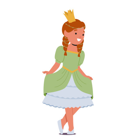 Little Girl Character Curtsy, Radiates Joy In Sparkling Princess Or Queen Costume, Her Gown Flowing And Crown Shiningのイラスト素材